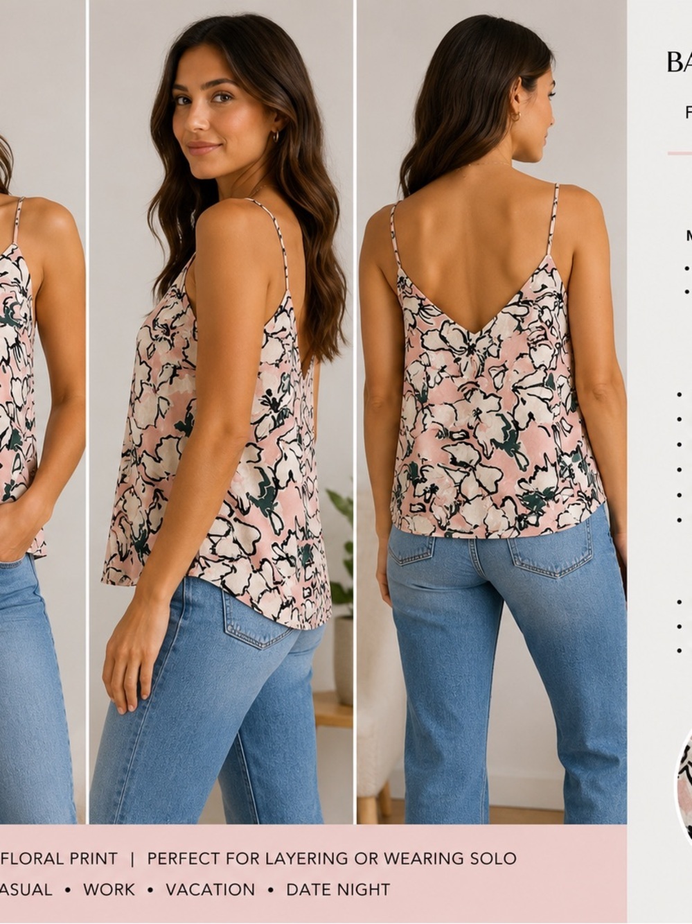 Banana Republic Floral Camisole Tank Top Medium Pink Cream Lined Adj. Straps